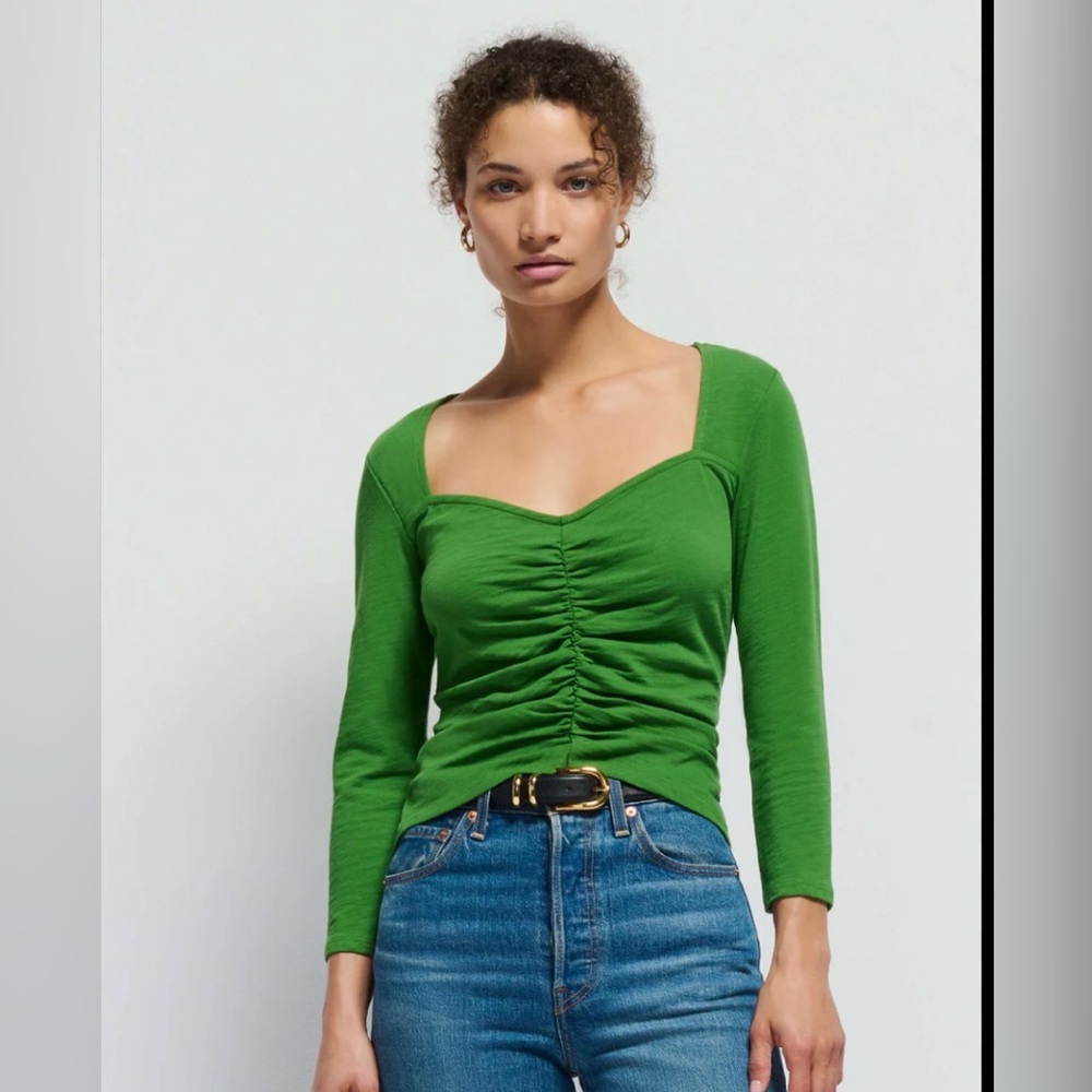 Nation Los Angeles Green Ruched Long Sleeve Top XS NWT Sweetheart Neck💚